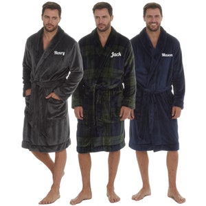 Personalized Men&#39;s Fleece Robe - Embroidered Name, Cozy Shawl Collar Loungewear