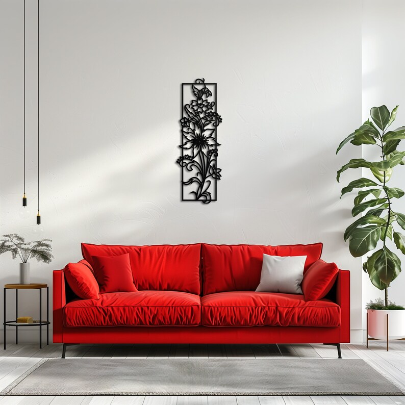 Long Narrow Vertical Flower Metal Wall Art, Plant Wall Art, Vertical