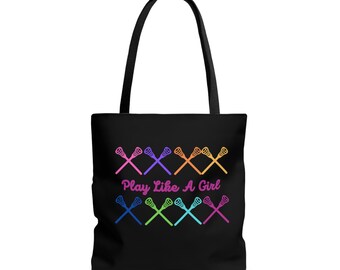 PLAY LIKE a GIRL Lacrosse Tote Bag, Girls Rock Gifts, Daughter Gift, Laxer for Life Gifts, Mom Tote Bag, Unique Lacrosse Tote Bag