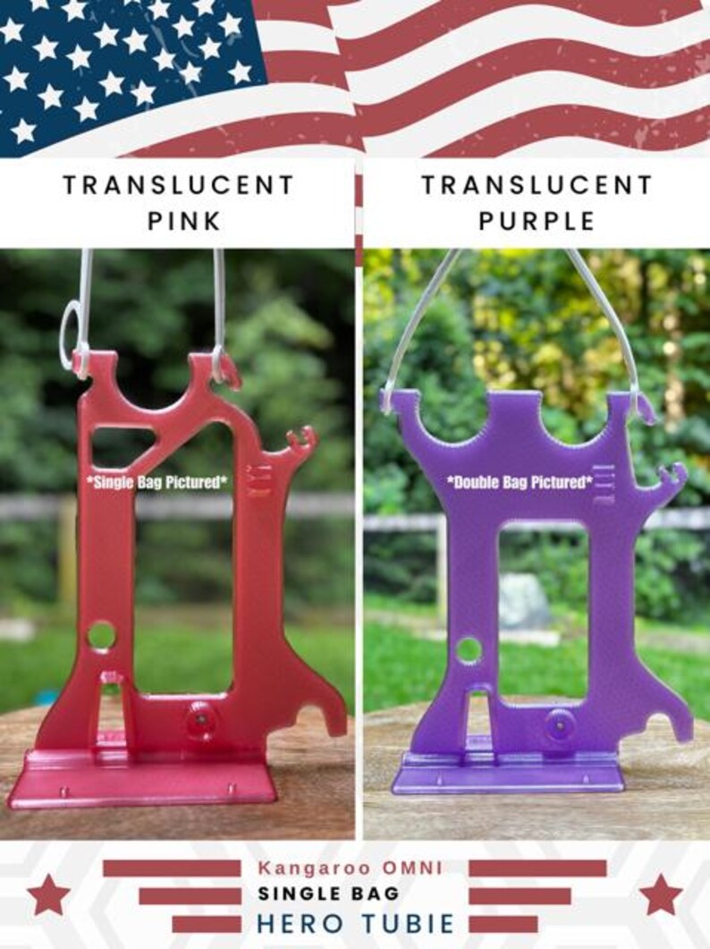 Side-by-side comparison of two Hero Tubie™ pump stands for the Kangaroo™ Omni. The left shows the stand in translucent pink labeled “Single Bag Pictured.” The right shows the stand in translucent purple labeled “Double Bag Pictured,” though this listing is for single bag use only. Both stands feature a lightweight, 3D-printed design with detachable hangers and are displayed outdoors on wooden surfaces with blurred green backgrounds. Text at the bottom reads “Kangaroo OMNI Single Bag Hero Tubie.”
