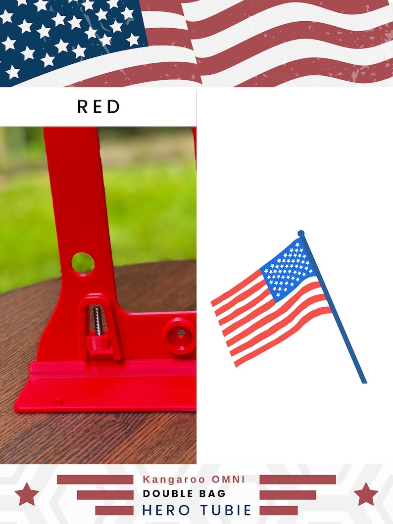 Patriotic-themed product photo featuring a Hero Tubie™ pump stand for the Kangaroo™ Omni in a bright “Red” color. The stand is lightweight, 3D-printed, and includes a detachable white hanger for holding a single feeding bag. It’s displayed on a wooden surface outdoors with blurred green grass and fencing in the background. To the right of the product is an illustrated American flag graphic. Text at the bottom reads “Kangaroo OMNI Single Bag Hero Tubie.”