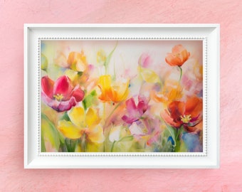 Vintage flower art print, Vintage flower painting, Impressionist tulip painting, Abstract flower art, Printable wall art, Digital download