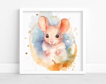 Aquarel muis kunst aan de muur. Aquarel schattige babydierenprint. Kinderkamerinrichting en kinderkamerinrichting. Extra grote kunst aan de muur. Digitale download.