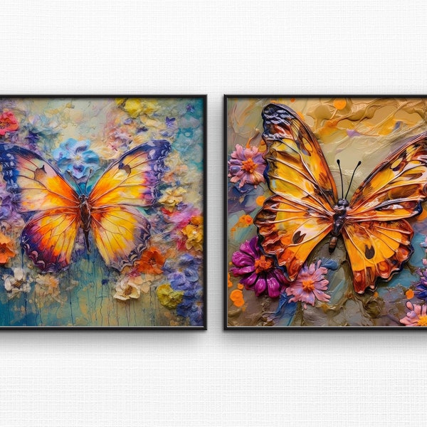 Set of two butterfly impasto style paintings. Colorful wall art decor. Extra large wall art. Living room wall art. Digital download.