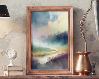 Watercolor Wall Art, Misty Landscape Painting, Abstract Watercolor Wall Decor, Printable Art
