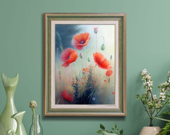 Aquarellmalerei von roten Mohnblumen im Feld. Wildblumen druckbare Wandkunst. Rote florale Digitaldrucke. Wandkunst und Deko vom Bauernhof.