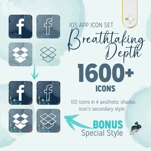 Breathtaking Depth (Silver) iPhone Icon Set, 1600+ Icons, 103 icons in 4 aesthetic colors and Bonus Special Style, iOS 16 hand drawn Icons