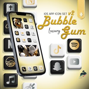 May include: A smartphone mockup with a gold and black theme. The phone screen displays a custom app icon set with a bubble gum theme. The icons are in a grid layout and feature various social media and utility apps. The text "IOS APP ICON SET v2 Bubble Luxury Gum" is displayed above the phone.