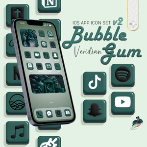 May include: A set of green and black iOS app icons with a bubblegum theme. The icons include popular apps like Spotify, Instagram, TikTok, and Snapchat. The icons are designed to be used on an iPhone.