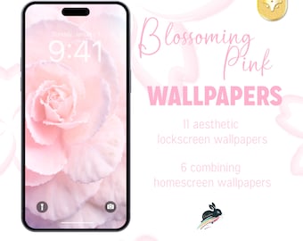 May include: A digital phone screen displaying a pink flower with the time 9:41. The text "Blossoming Pink WALLPAPERS" is displayed on a white background with pink hearts. The text "11 aesthetic lockscreen wallpapers" and "6 combining homescreen wallpapers" is also displayed.