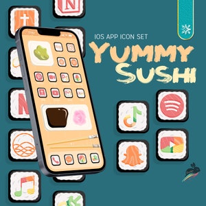 May include: A set of iOS app icons designed to look like sushi rolls. The icons feature popular apps like Instagram, Spotify, TikTok, and YouTube. The icons are arranged on a phone screen with a sushi-themed background.