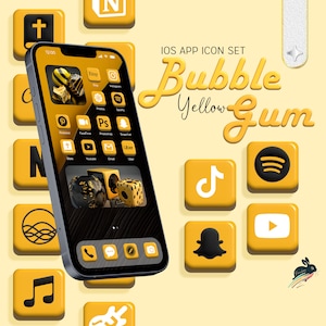 May include: A set of yellow and black iOS app icons with a bubblegum theme. The icons are arranged in a grid on a yellow background. The icons include popular apps such as Instagram, Spotify, Snapchat, YouTube, and Uber.
