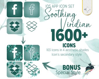 Soothing Viridian (Silver) iOS Icon Set, 1600 + Icons, 103 icons in 4 aesthetic colors and Special Style, Hand Drawn High Quality iOS icons
