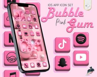 May include: A set of pink and black iOS app icons with a bubble gum theme. The icons include popular apps like TikTok, Spotify, Instagram, YouTube, and more.
