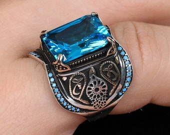 Modern Men Ring, Aquamarine Mens Ring, Mens Handmade Ring, 925 Sterling Silver Ring, Turkish Handmade Ring, Mens Jewerly,  Ottoman Jewelry