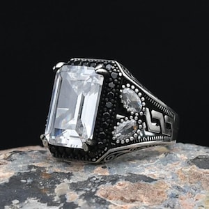 White Zircon Gemstone Ring, Turkish Handmade Silver Ring, 925 Sterling Silver,  Mens Handmade Ring, , Mens Jewelry, Gift For Him