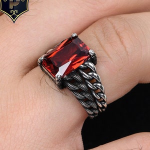 Byzantinischer Kettendesign-Ring, türkischer Silberring, roter Granat-Silberring für Herren, handgefertigter Edelsteinring, 925er Sterlingsilber, Geschenk für Männer