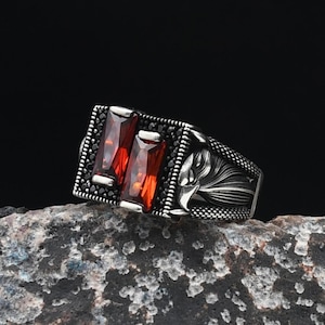 Eagle Silver Ring, Red Garnet and Onyx Gemstone Ring, Mens Handmade Ring, , 925 Sterling Silver Ring, Turkish Ring, Gift For Men