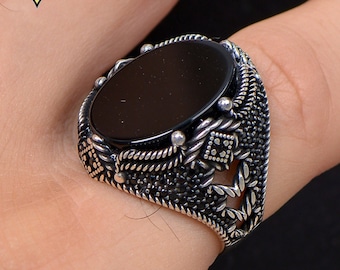 Onyx Gemstone Silver Ring, Turkish Handmade Silver Men Ring, 925 Sterling Silver Ring, Gift for Boyfriend