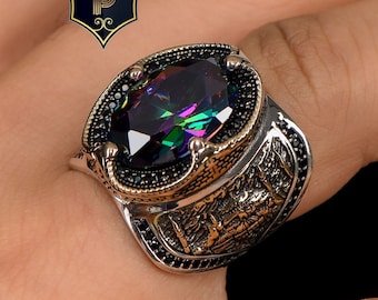 Hagia Sophia Silver Ring, Ottoman Mens Ring, Mystic Topaz Silver Ring, 925 Sterling Silver, Handmade Turkish Ring, Gift For Men