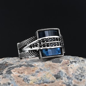 Blue Zircon & Onyx 925 Sterling Silver Ring - Turkish Handmade