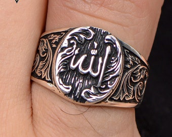 Allah Engraved Ring, Rings For Muslim, İslamic Silver Ring, 925 Sterling Silver, Men&#39;s Handmade Ring, Religious Ring, Gift For Muslim