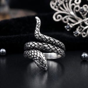 Puede incluir: Un anillo plateado con forma de serpiente enroscada con texturas de escamas detalladas. El cuerpo de la serpiente se envuelve alrededor del dedo, con la cabeza posicionada en la parte superior. El metal tiene un acabado oxidado para resaltar.