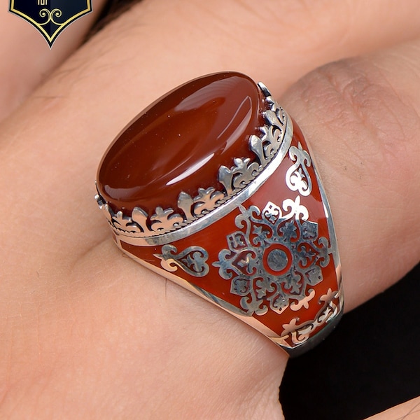 Natural Yemeni Agate Silver Ring, Mens Handmade Ring, 925 Sterling Silver Ring, Yemeni Aqeeq, Enamel Men Ring, birthday gift, Turkish Ring