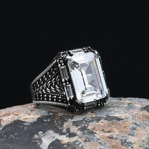 Turkish Handmade Silver Ring, White Zircon Gemstone Ring, 925 Sterling Silver,  Mens Handmade Ring, Mens Jewelry, Gift For Him
