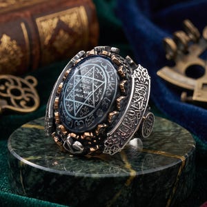 Seal of King Soloman Ring, Star of David Ring, 925 Sterling Silver, Amber Ring, Kalima Shahada Engraved On Sides, Handmade Turkish Ring