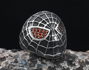 Spiderman Web Ring, Handmade Silver Ring, 925 Sterling Silver Ring, Handmade Jewelry, Spiderman Facemask Ring, Adjustable Ring
