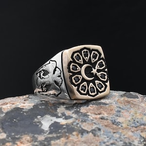 Crescent and Star Ring, Best Gift, Moon and Star Ring, 925 Sterling Silver Ring, Islamic Handmade Ring, Double Headed Seljuks Eagle Ring