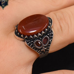 Men&#39;s Red Agate Silver Ring, Handmade Ring, 925 Sterling Silver Ring, Micro Zircon Decorated, Gift for Men, Natural Red Agate Silver Ring
