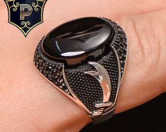 ブラックオニキス長方形剣バンドシルバーリング、シルバーハンドメイド