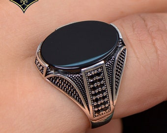 KAMBO Men's Star Of David Ring - 925K Sterling Silver, Islamic Thumb Ring Style, Handmade With Onyx