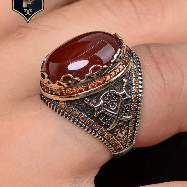 Natural Red Agate Silver Ring, Sword Detailed Ring Mens Handmade Ring, 925 Sterling Silver Ring, birthday gift, Turkish Ring, Ottoman Ring