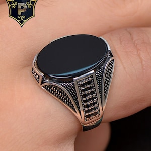 Handmade Turkish Silver Ring,Men&#39;s Black Onyx Silver Ring,925 Sterling Silver Ring,Classic Ring,Agate Gemstone Silver Ring,Tiger&#39;s eye Ring