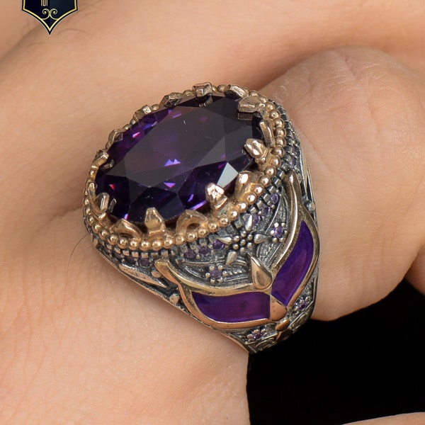 Amethyst Gemstone Ring, 925k Sterling Silver Ring, Phoenix Silver Ring, Engraved Silver Ring, Valentines Day Gift, Modern Silver Ring