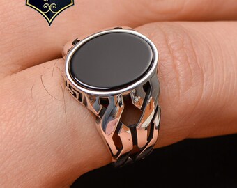 Watch Strap Design Silver Ring, Black Onyx Gemstone, Mens