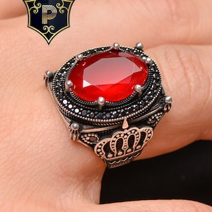 Red Zircon Silver Ring, Crown Ring, Turkish Handmade Silver Men Ring, 925 Sterling Silver, Zircon Ring, Mens Jewelry, Gift For Him