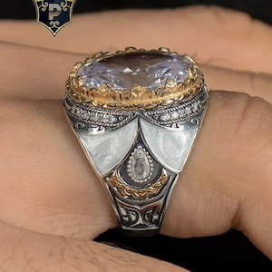 White Zircon Gemstone Ring,  Turkish Handmade Silver Ring, Mens Handmade Ring, 925 Sterling Silver, Mens Jewelry, Gift For Him
