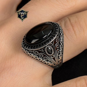 Byzantine Chain Design Ring, Turkish Silver Ring, Men&#39;s Black Onyx Silver Ring, Handmade Gemstone Ring, 925 Sterling Silver, Gift for Men