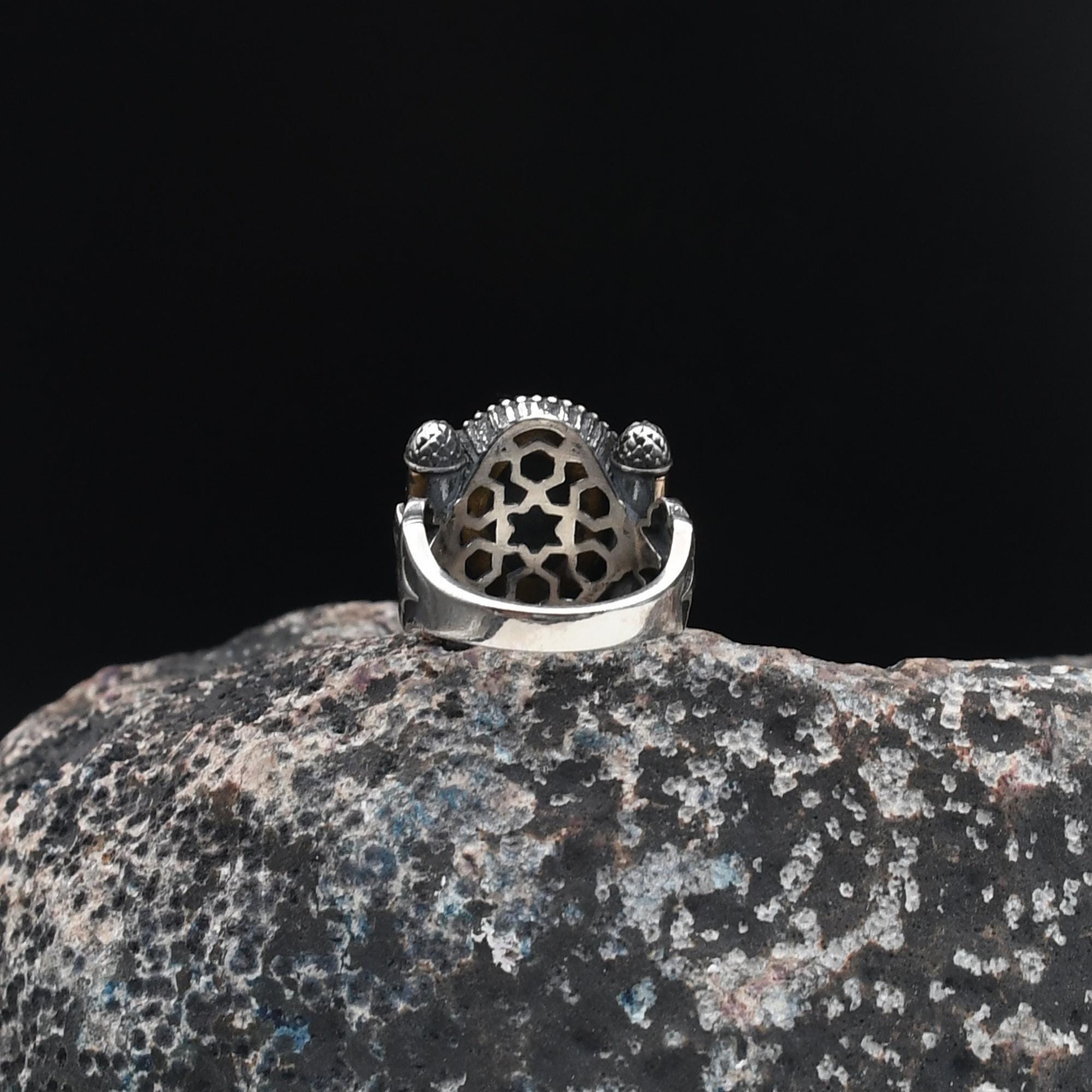 Ayetel Kursi Engraved on Amber Stone Ring, İslamic Silver Men Ring