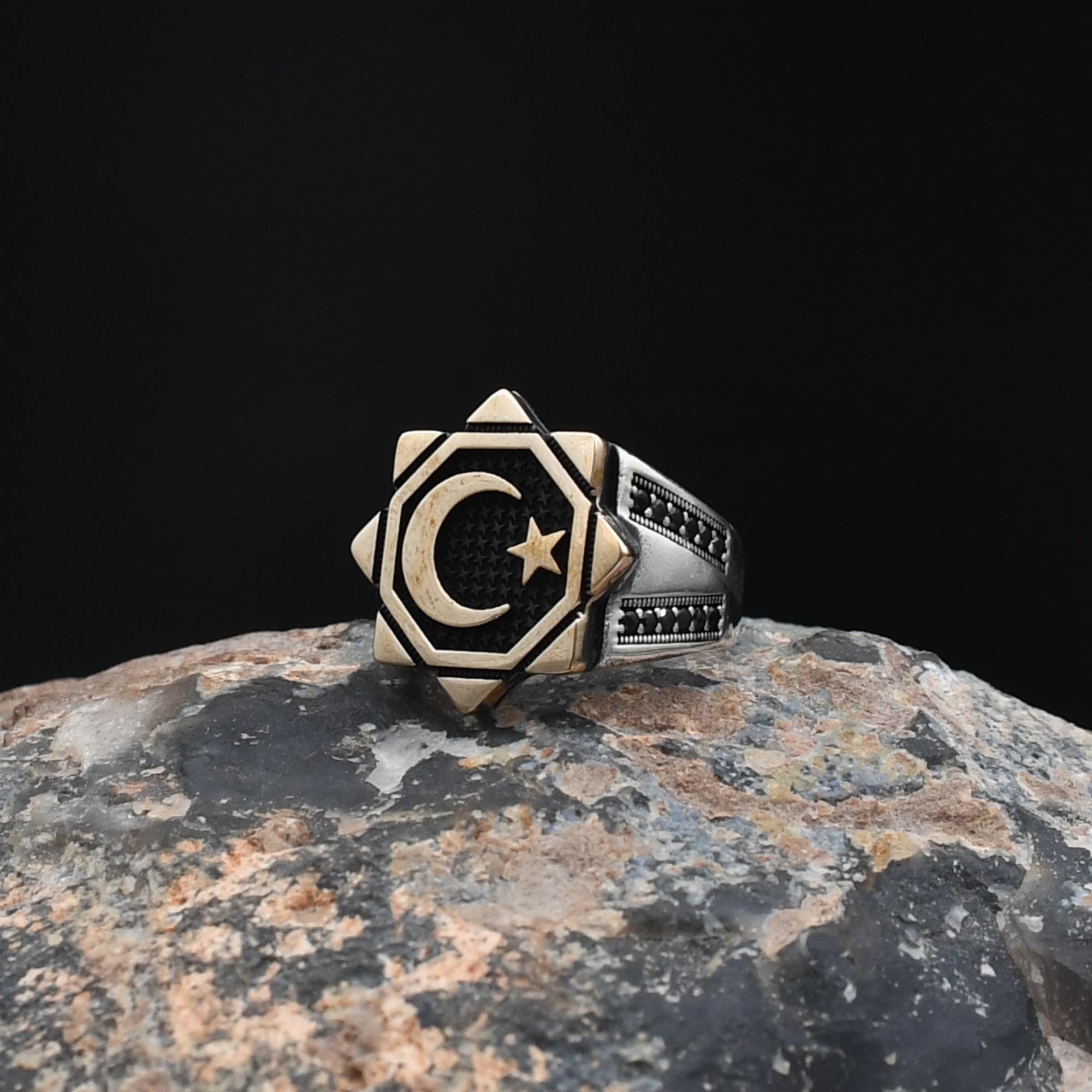 Moon and Star Ring, Crescent and Star Ring, 925 Sterling Silver