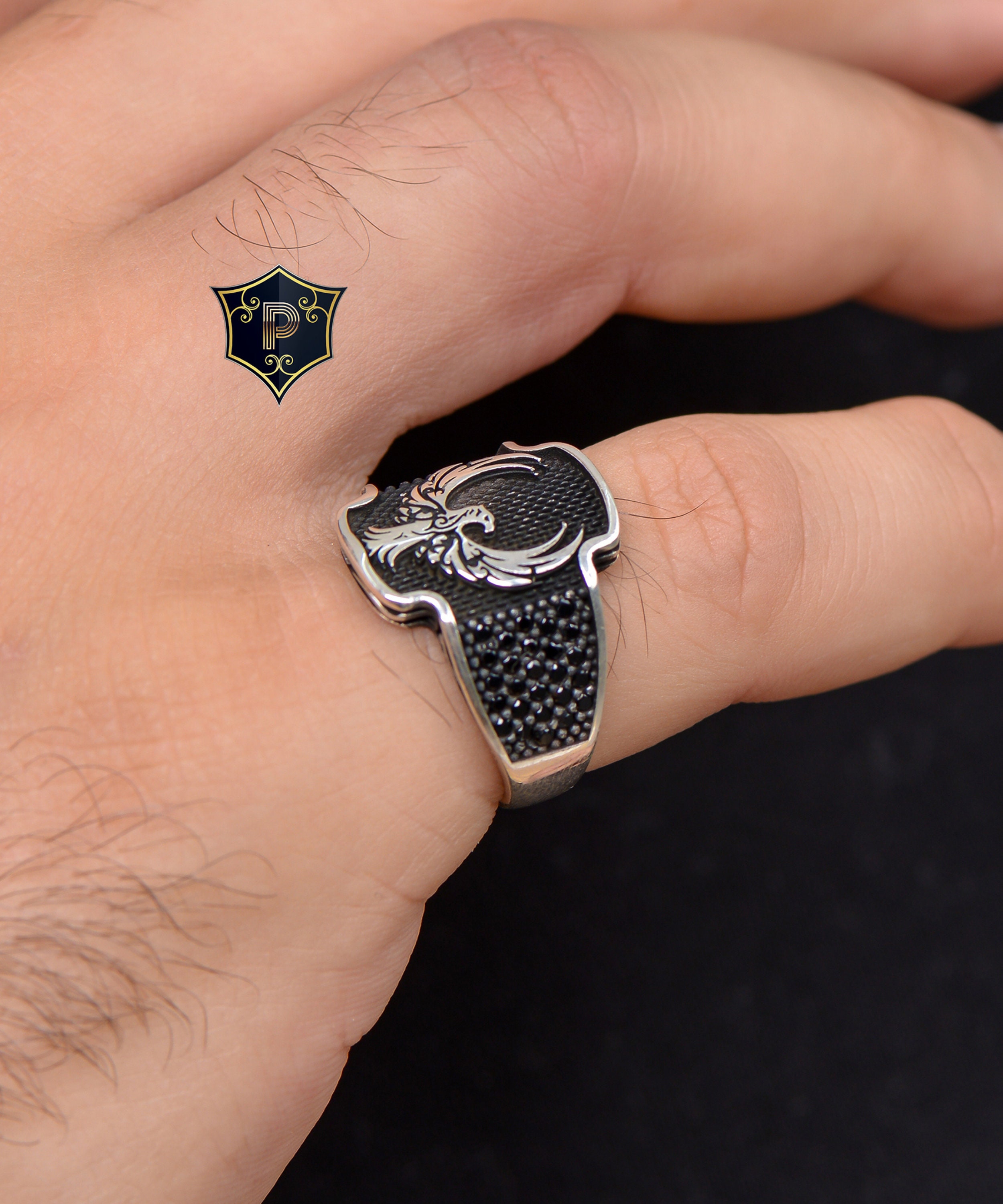 Phoenix Turkish Silver Ring, Men's Handmade Silver Ring, Micro Black ...