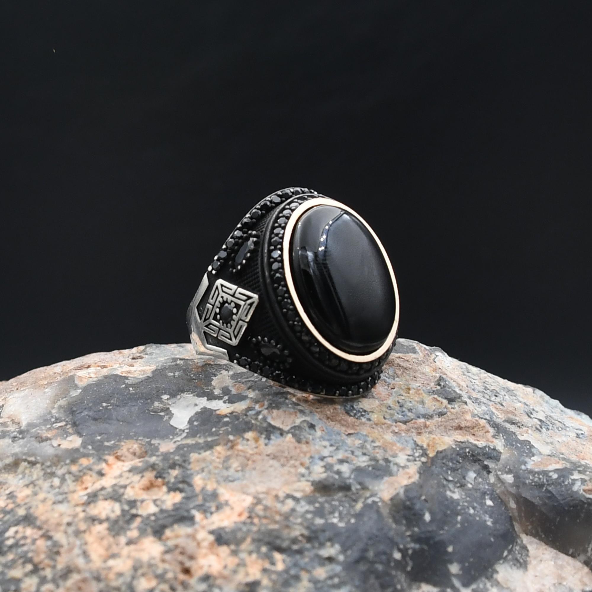 メンズハンドメイドリング、ブラックオニキスジェムストーンリング