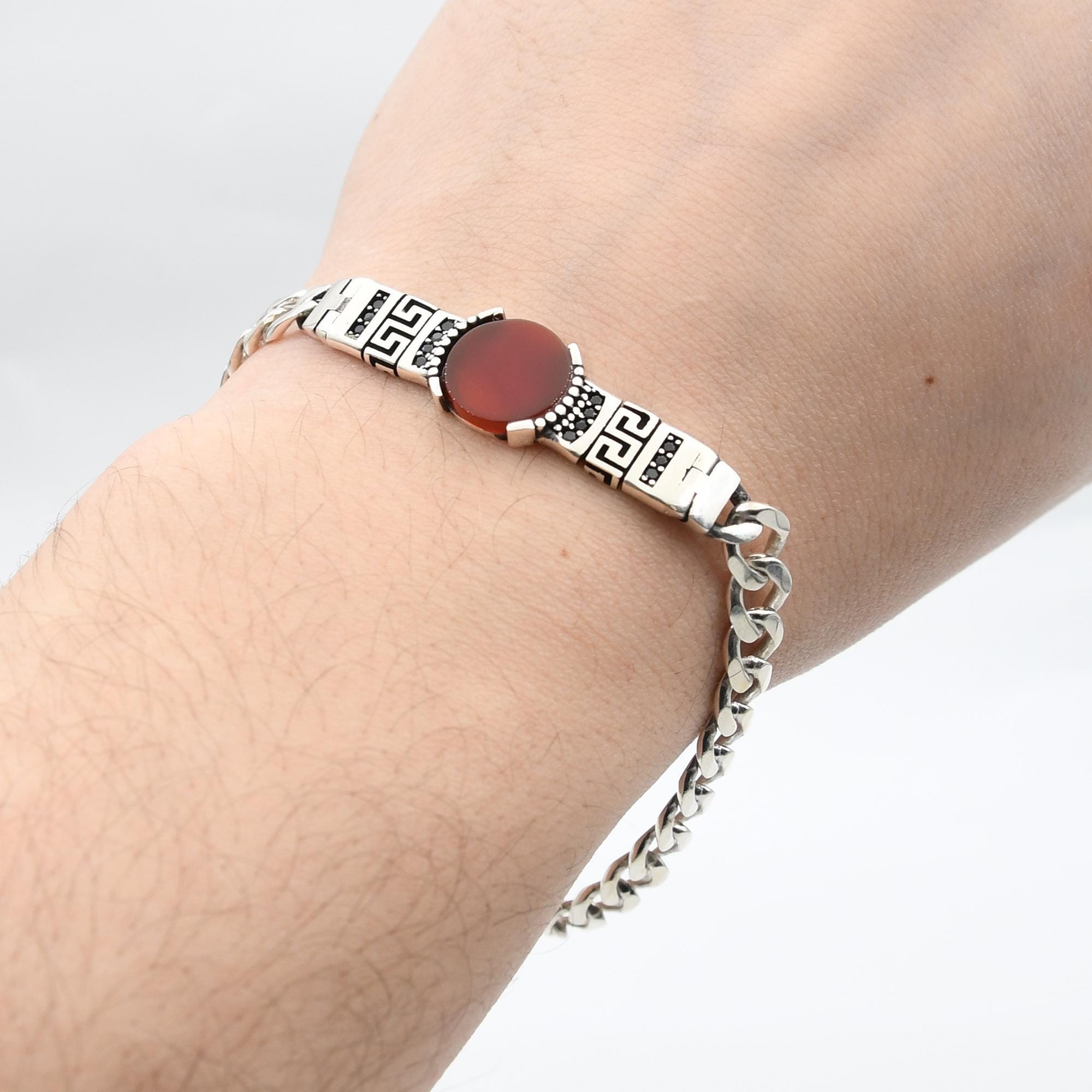 SILVER925 RED STONE BRACELET/シルバー/ブレスレット 925 Sterling Silver Bracelets, Red Agate Gemstone Silver Chain
