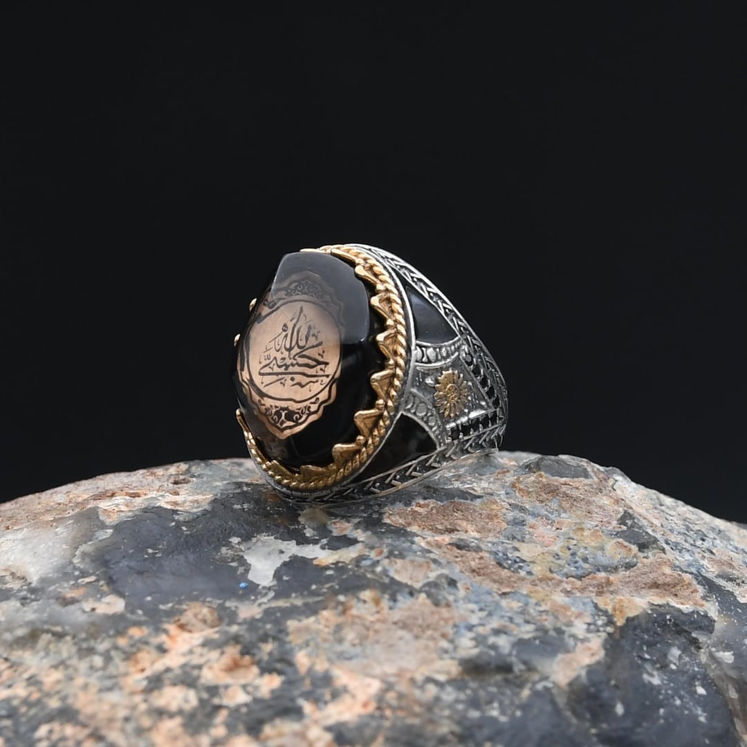 Islamic Stone Rings Amber Stone Ring,İslamic Silver Ring, Hasbiyallah Engraved Silver Ring ...