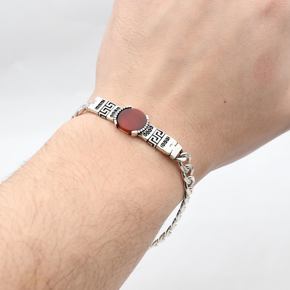 925 Sterling Silver Bracelets, Red Agate Gemstone Silver Chain