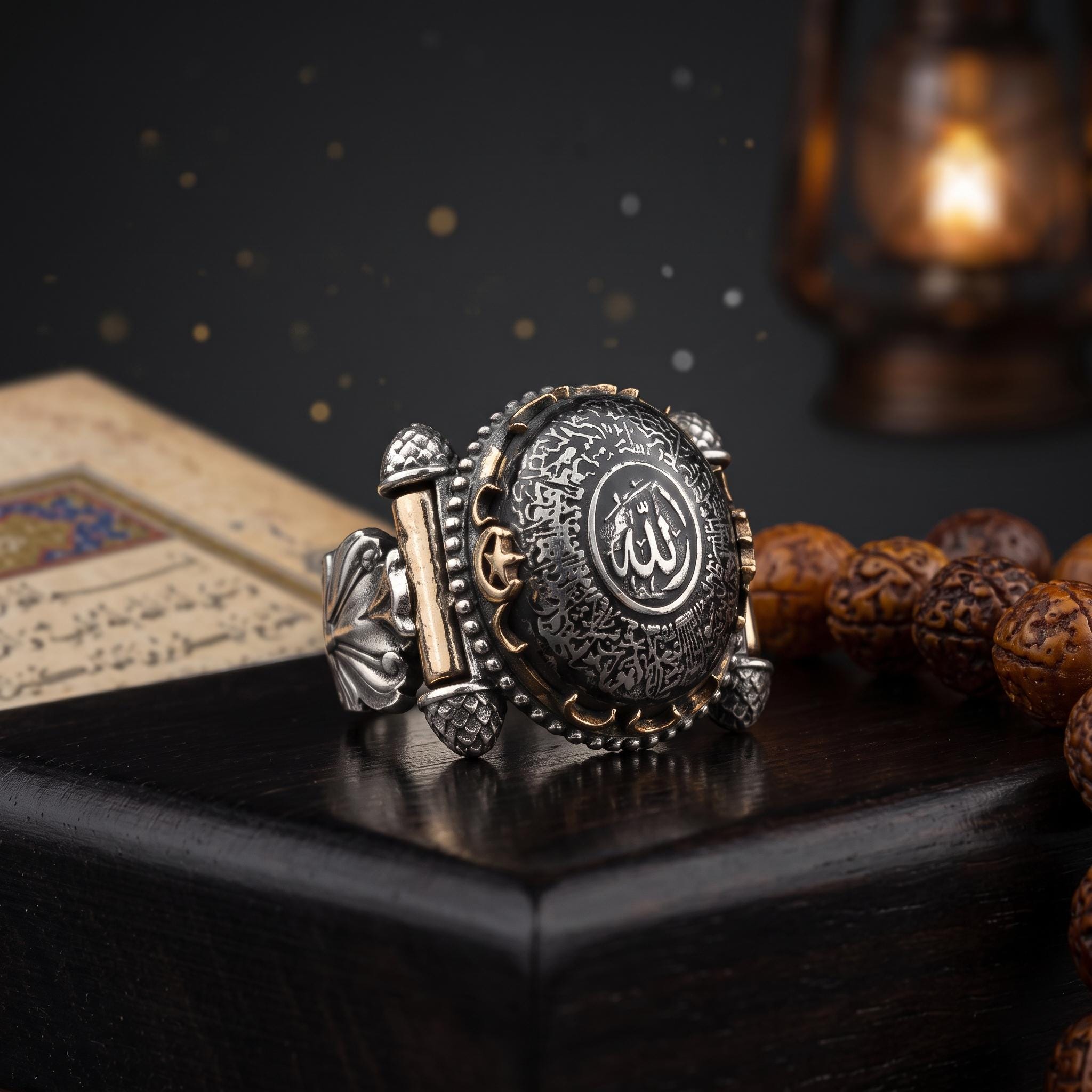 Ayetel Kursi Engraved on Amber Stone Ring, İslamic Silver Men Ring